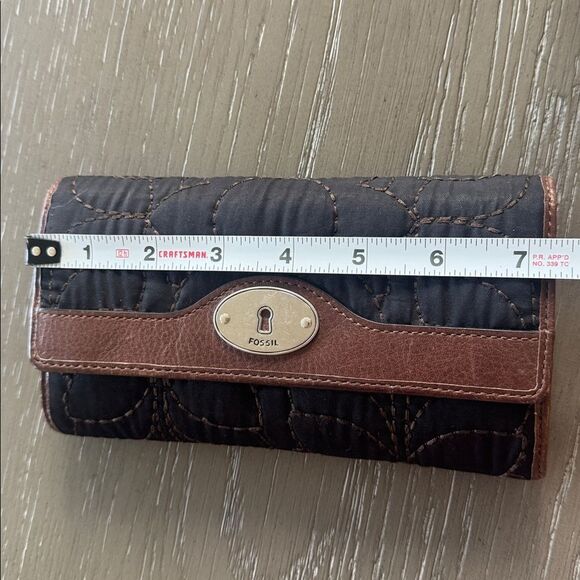 Fossil Key-Per Y2K Quilted Textile Leather Trim Black Brown Trifold Wallet EUC - Picture 7 of 12
